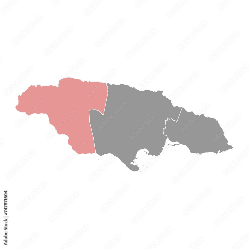 Cornwall County map, administrative division of Jamaica. Vector illustration.