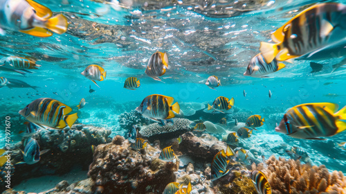 vue sous-marine d'un ban de poissons exotique dans les eaux peu profonde de la barrière de corail photo