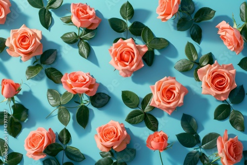 Pink roses on blue background flat lay arrangement with top view and vibrant colors © VICHIZH