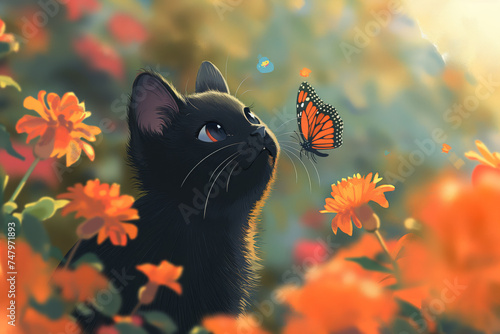 Kleine schwarze Katze schaut auf ein Schmetterling