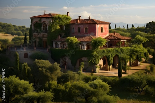 A charming Italian villa with terracotta roofs and ivy-covered walls, surrounded by olive groves.

 photo