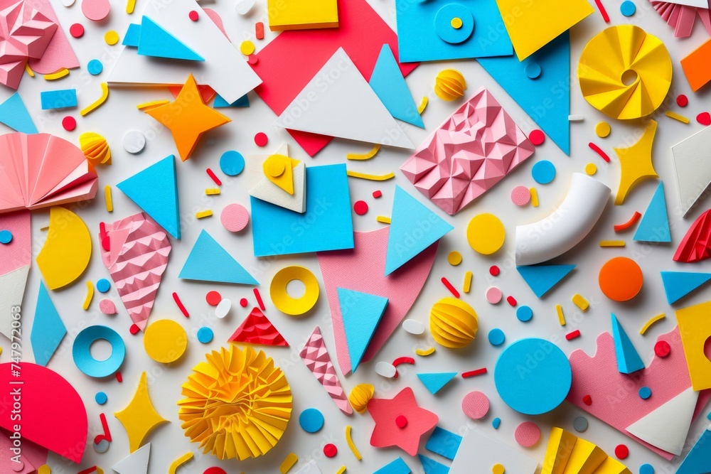 Bright and Vibrant Paper Cutouts of Various Shapes and Colors on White Background Bright and Vibrant Paper Cutouts of Various Shapes and Colors on White Background
