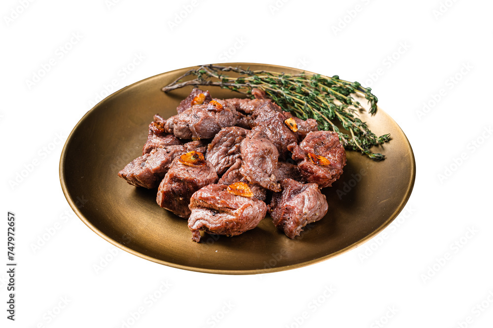 Chopped Grilled Diced Beef garlic steak on a plate with thyme Isolated, Transparent background.