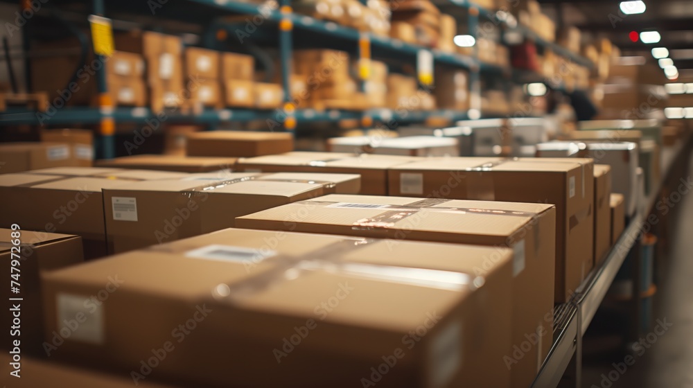 Efficient storage system, parcels lined up in distribution warehouse, focus on logistics and delivery, e-commerce business concept
Efficient storage system, parcels lined up in distribution warehouse, focus on logistics and delivery, e-commerce business concept