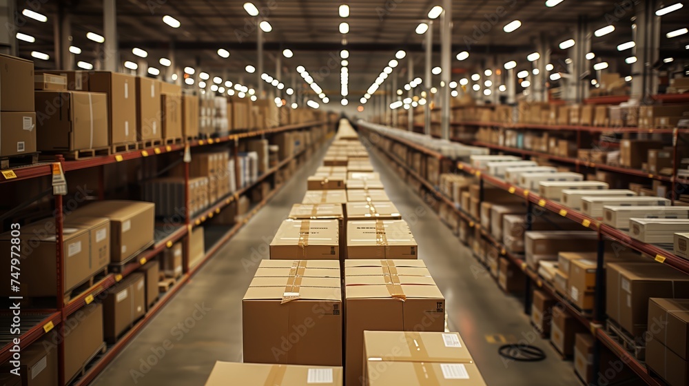 Extensive warehouse full of packages, perspective view down the aisle, concept of storage, distribution, and inventory management
