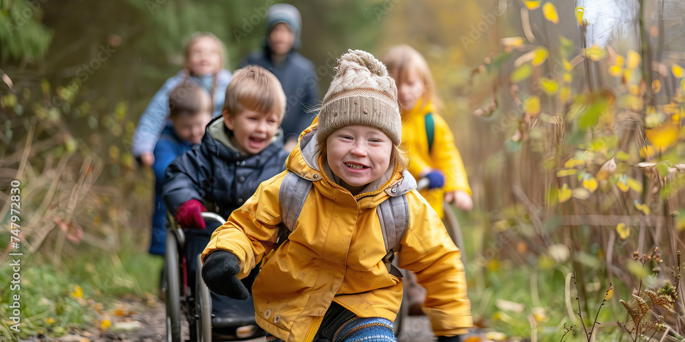 Group of kids with Down syndrome exploring a nature trail. Learning Disability Group of kids with Down syndrome exploring a nature trail. Learning Disability