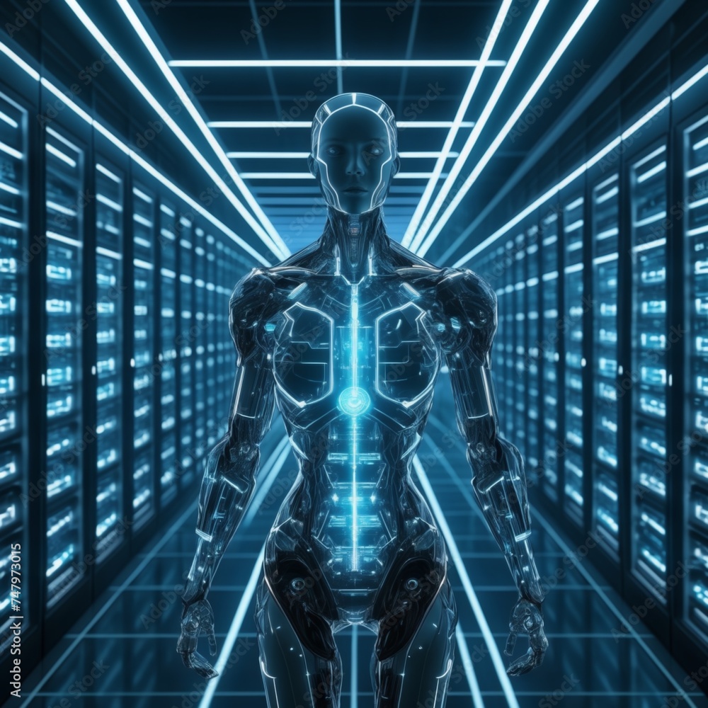 Silhouette of a humanoid robot in a server room
Silhouette of a humanoid robot in a server room