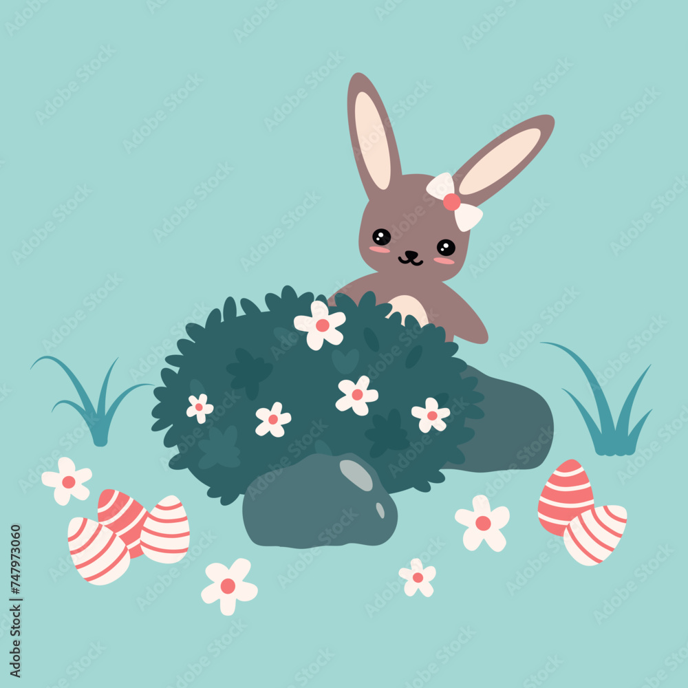 cute cartoon rabbit and easter eggs in the meadow vector illustration isolated on turquoise background cute cartoon rabbit and easter eggs in the meadow vector illustration isolated on turquoise background