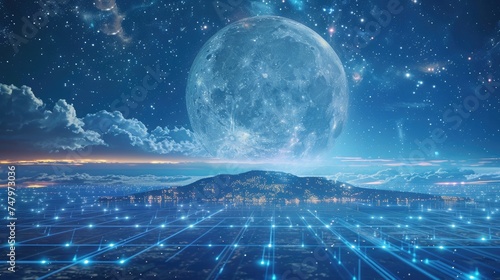 A distant view of an island floating in the sky  surrounded by high-speed light trails and digital grids  with a backdrop of a large  luminous moon and twinkling stars in the night sky. 8k