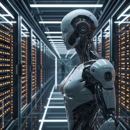 Futuristic robot with human features in data center 