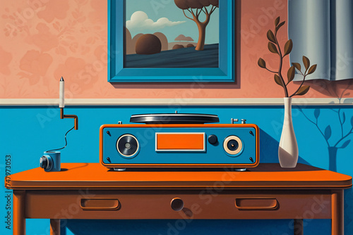 a blue and orange record player on a table