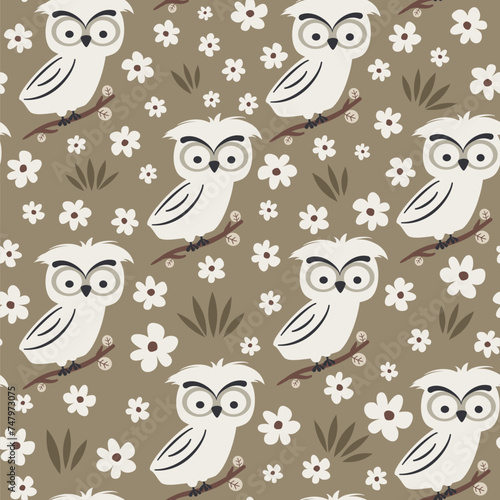cute hand drawn cartoon character owl seamless vector pattern background illustration with daisy flowers