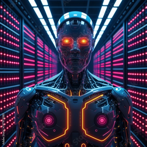 Robotic head with intense orange eyes, data center background 