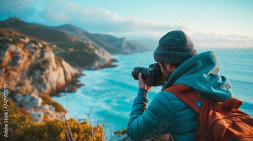 Photographer capturing the essence of coastal beauty, adventure in travel and landscape photography. 