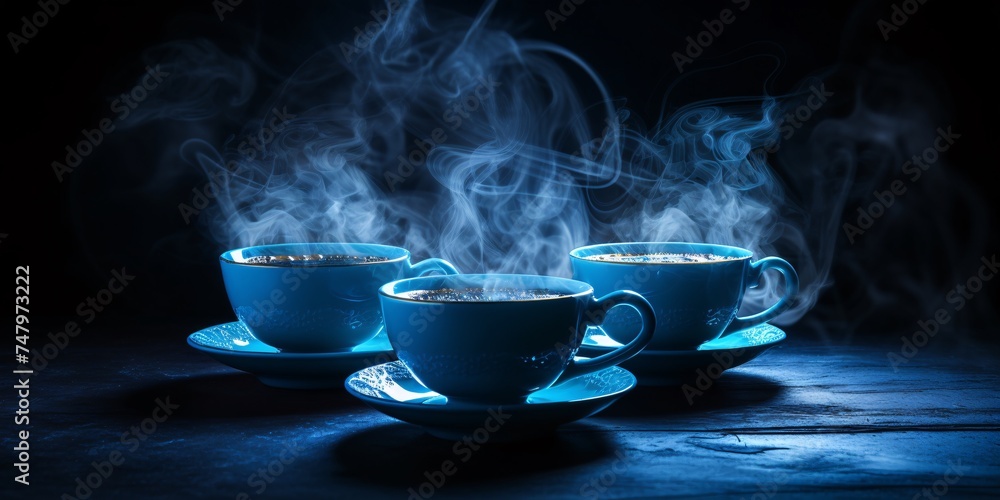 a group of tea cups with steam coming out of them