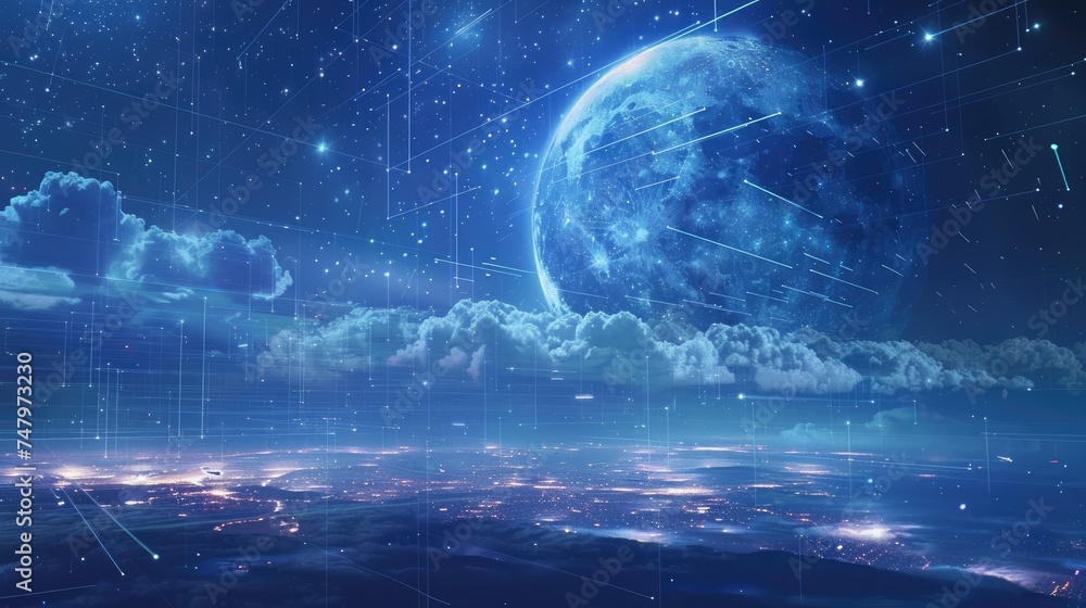 A distant view of an island floating in the sky, surrounded by high-speed light trails and digital grids, with a backdrop of a large, luminous moon A distant view of an island floating in the sky, surrounded by high-speed light trails and digital grids, with a backdrop of a large, luminous moon