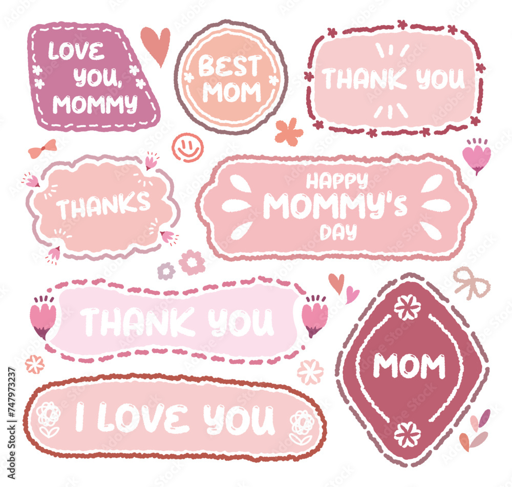 Collection of Happy Mother's Day speech bubbles. Cute flower memo labels.Hand drawn doodle lettering quote frame with tulip and rose.Set of sticker for the mom.mommy love gift labels, Love gift tags. Collection of Happy Mother's Day speech bubbles. Cute flower memo labels.Hand drawn doodle lettering quote frame with tulip and rose.Set of sticker for the mom.mommy love gift labels, Love gift tags.