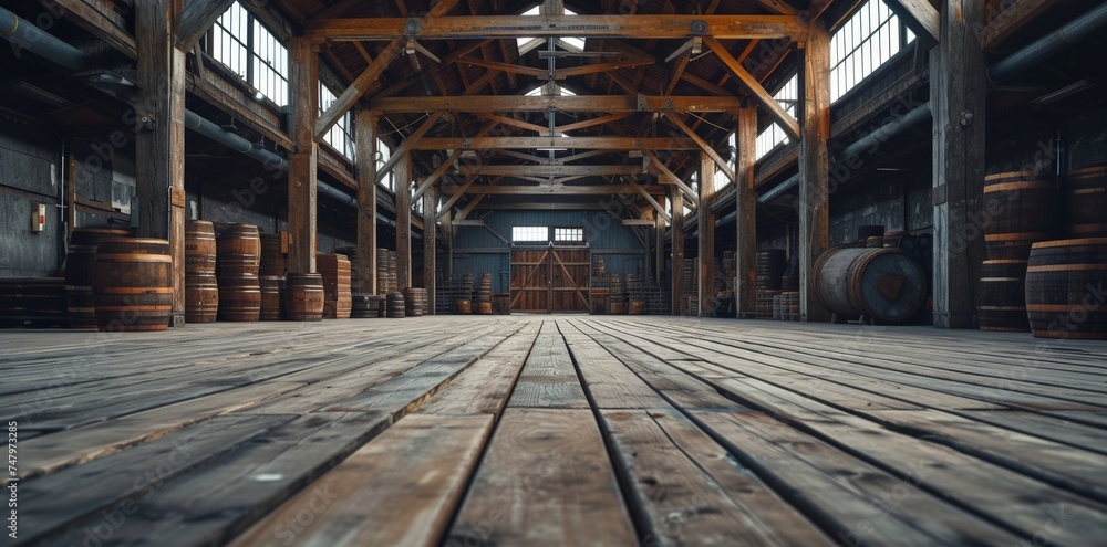 Abandoned warehouse interior with wooden barrels and a large beam in the center of the room