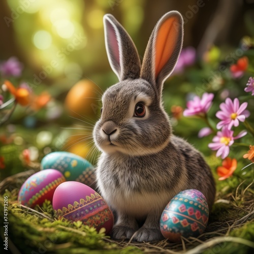 Charming rabbit with Easter eggs in a nest among flowers 