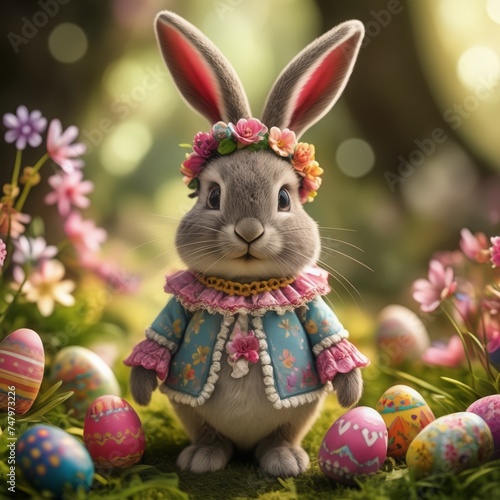 Bunny with flower crown and Easter eggs in spring meadow 