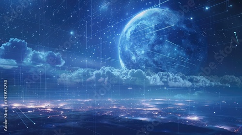 A distant view of an island floating in the sky, surrounded by high-speed light trails and digital grids, with a backdrop of a large, luminous moon 