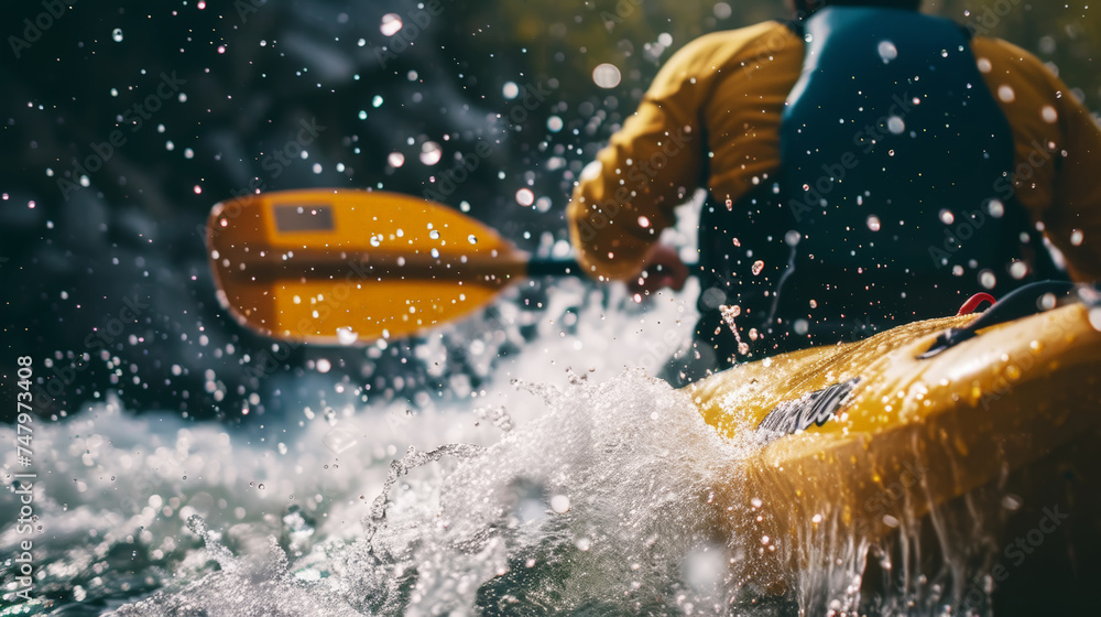 Naklejka premium Man in kayak with paddle. Back view. Splashes of water of mountain river. Extreme kayak sport concept. Generative AI