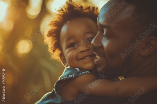Heartwarming embrace between a father and child at sunset, portraying love and family bonding, golden hour warmth. 