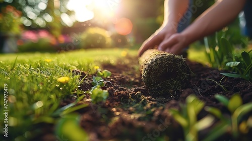 A person carefully unfolds a new sod strip in their lush garden on a prepared soil bed with a morning sunlight and a big space, Generative AI. photo