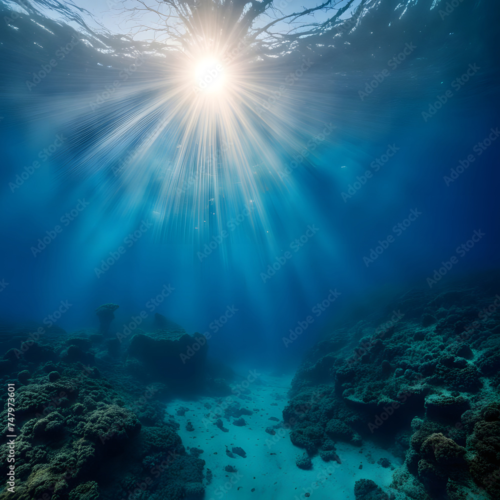 Delve into the enchanting depths of the ocean's blue abyss illuminated by sunlight. Delve into the enchanting depths of the ocean's blue abyss illuminated by sunlight.