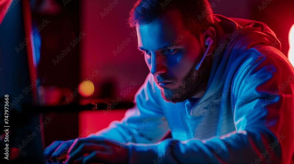 Focused Gamer Engaged in Competitive Play: Intense Concentration Captured in Vivid Neon Lighting, Immersed in a High-Stakes Digital World.
