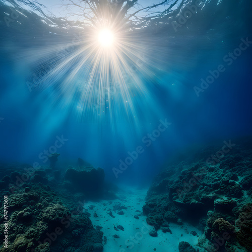 Delve into the enchanting depths of the ocean s blue abyss illuminated by sunlight.