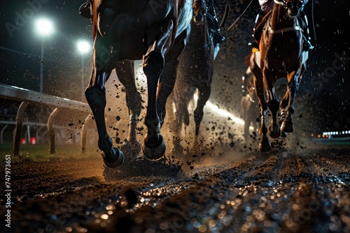 A dynamic image capturing the raw energy of horse racing, with the horses' muscles glistening under the night lights as they charge towards the finish line, creating a sense of motion and power. 8k