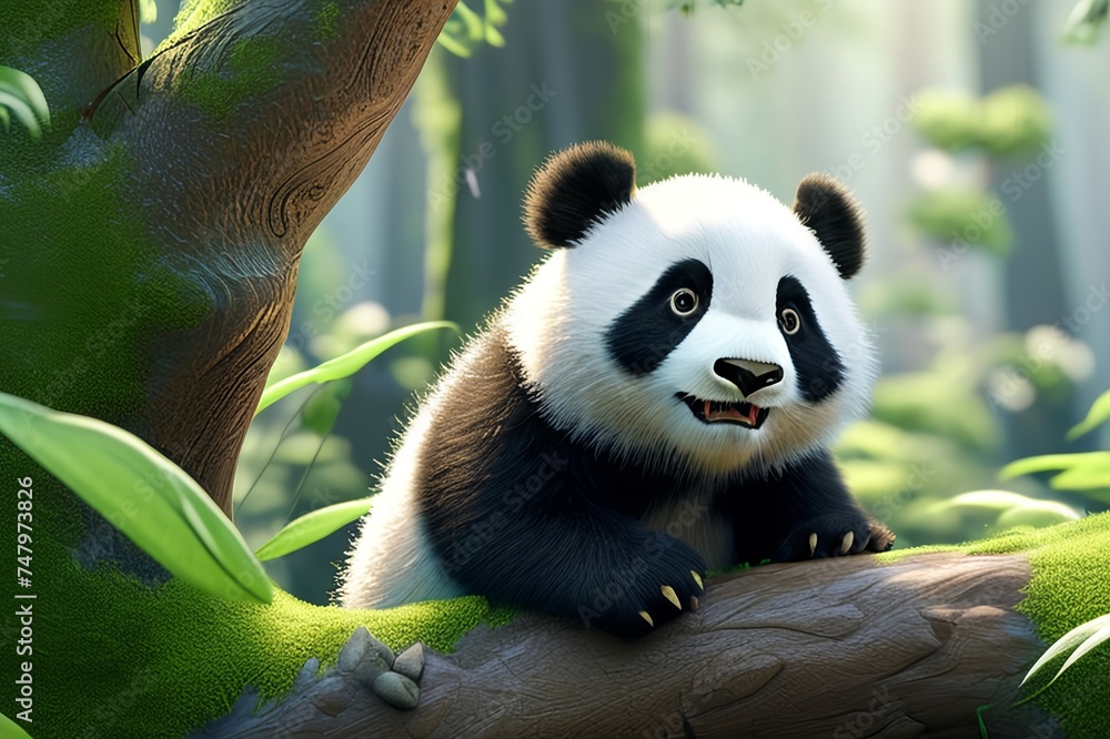 Obraz premium A panda in a green forest, giant panda, panda bear, mottled bear, ailuropoda melanoleuca, bamboo muncher, chinese mammal image stock photo 