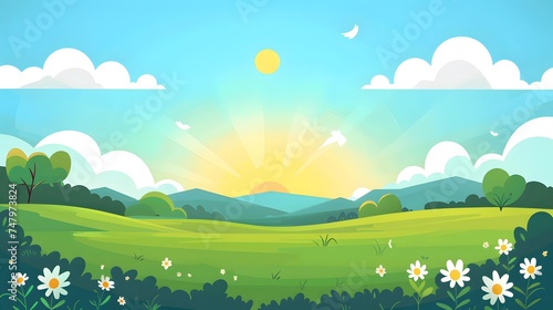 A Vibrant Sunny Landscape  Green Hills  Blooming Flowers  and Blue Sky with Fluffy Clouds