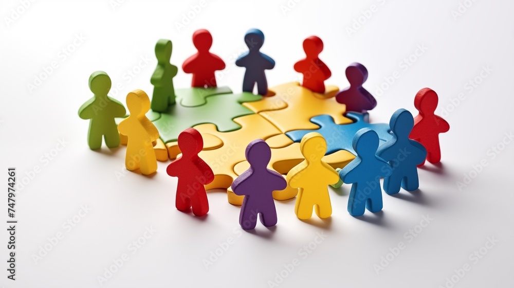 Wooden multicolored figures of a men in circle, figurines holding hands together . Inclusion , teamwork concept. Equality and diversity concept Wooden multicolored figures of a men in circle, figurines holding hands together . Inclusion , teamwork concept. Equality and diversity concept