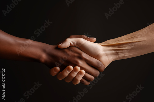 People shaking hands. Diverse white and black people handshake over deal. Support equality partnership teamwork concept photo