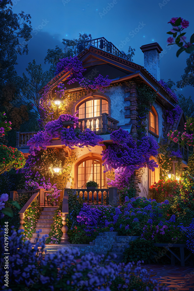 A classic house decorated with flowers, night