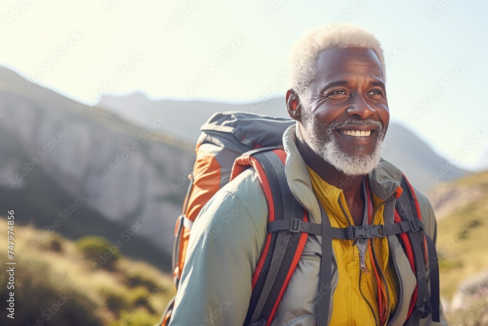 Senior African man hiking with a backpack in a mountain Senior African man hiking with a backpack in a mountain