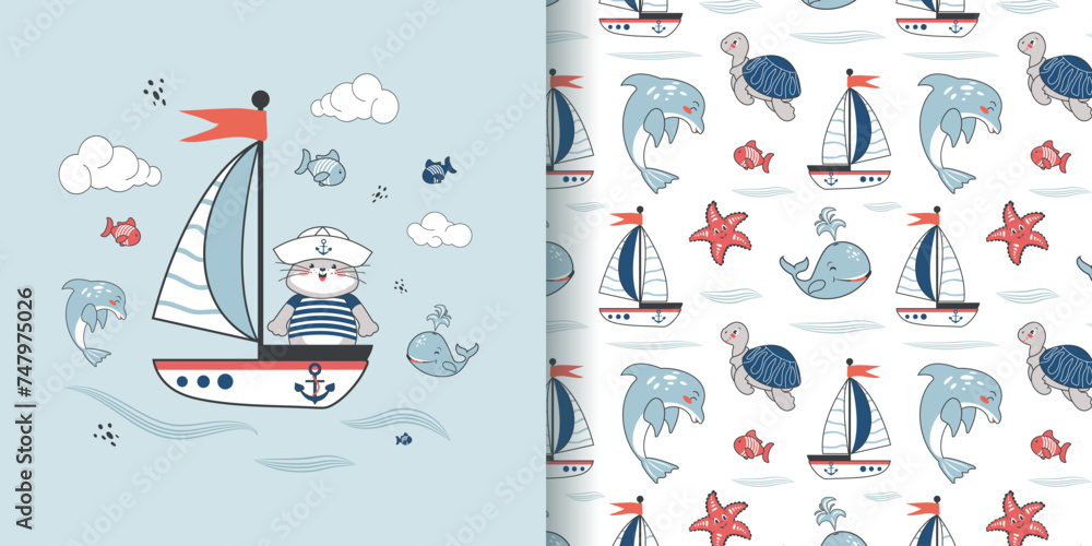 Children's seamless pattern with a funny sailor kitten and a boat. Vector design for baby bedding, fabric, wallpaper, wrapping paper and more. - obrazy, fototapety, plakaty 