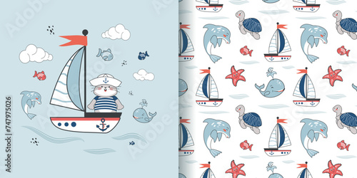 Children's seamless pattern with a funny sailor kitten and a boat. Vector design for baby bedding, fabric, wallpaper, wrapping paper and more.