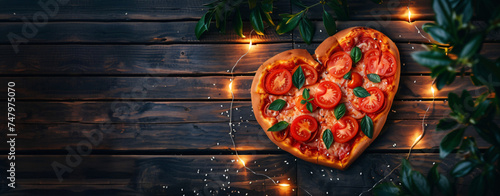 Flat Lay View of Pizza in Shape of Romantic Heart