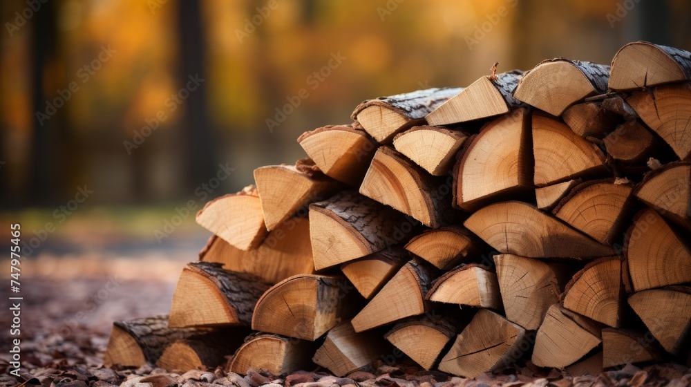 Stack of firewood on blurred background with copy space, woodpile for winter, firewood preparation - obrazy, fototapety, plakaty 