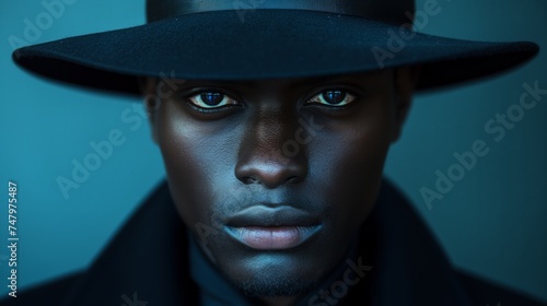 handsome african american male in all black suit and a black hat
