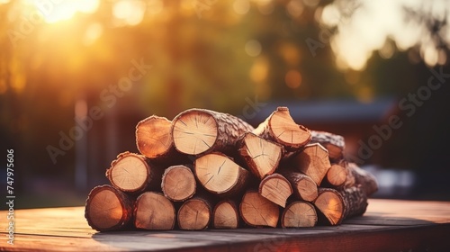 Pile of firewood on a blurred background with space for text, firewood stack for sale