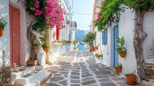 Greece, Cycladic architecture in a Greek island village. Paved alley, pink bougainvillea	 photo