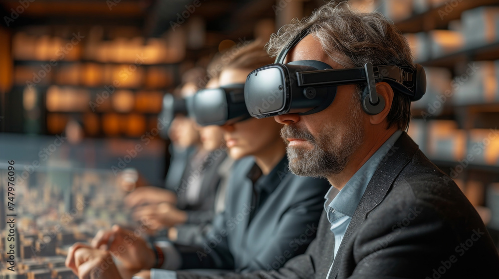 A futuristic workspace with a team of professionals all wearing virtual reality headsets and interacting with a 3D model of a building. This showcases the use of virtual and A futuristic workspace with a team of professionals all wearing virtual reality headsets and interacting with a 3D model of a building. This showcases the use of virtual and