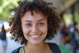 Smiling Beauty with Curly Hair and Green Shirt Generative AI
