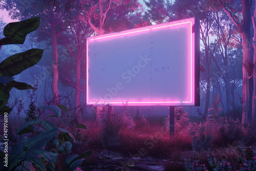 A blank neon light billboard in front of a forest