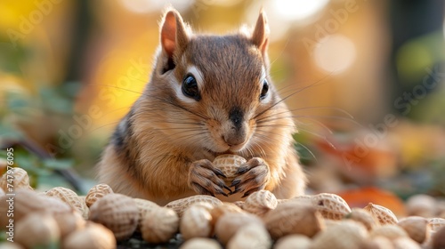 Chipmunk eats peanut on the green park background photo