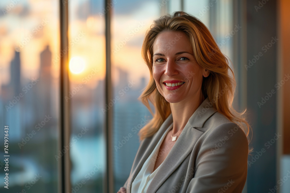 Photo of beautiful mature businesswoman exuding leadership and confidence, wearing designer suit in executive office with stunning city view Photo of beautiful mature businesswoman exuding leadership and confidence, wearing designer suit in executive office with stunning city view